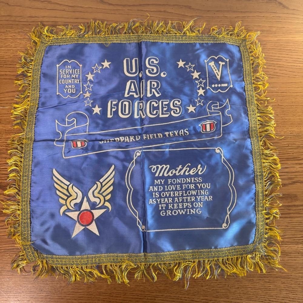 Vintage WWII US Air Forces Sheppard Field Texas Mother Silk Pillow Cover‎ Fringe